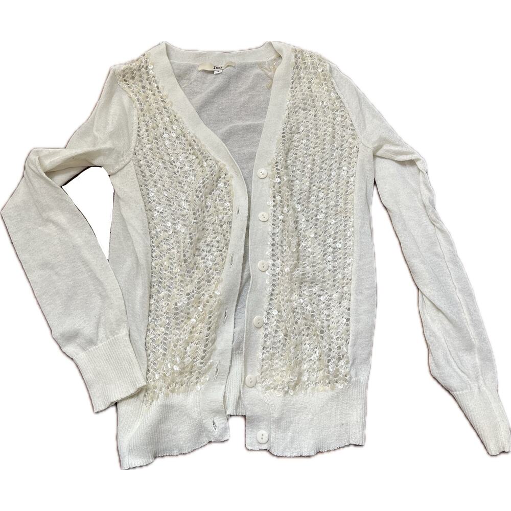 Issi off white sequin button up knit cardigan lightweight semi sheer small